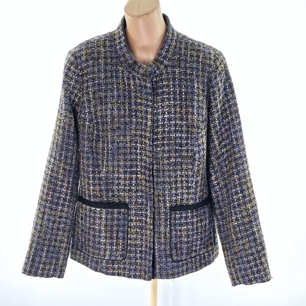 Coldwater Creek Tweed Blazer Womens 16 Purple Wool Blend Lined Open Front Jacket